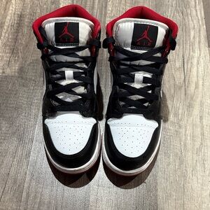 Jordan1 Mid  Men's Black, Red, and White Sneakers